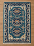 Hand-Knotted Wool Area Rug – Teal Blue & Beige Tribal Medallion Caucasian Kazak Rug