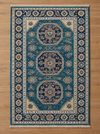 Hand-Knotted Wool Area Rug – Teal Blue & Beige Tribal Medallion Caucasian Kazak Rug