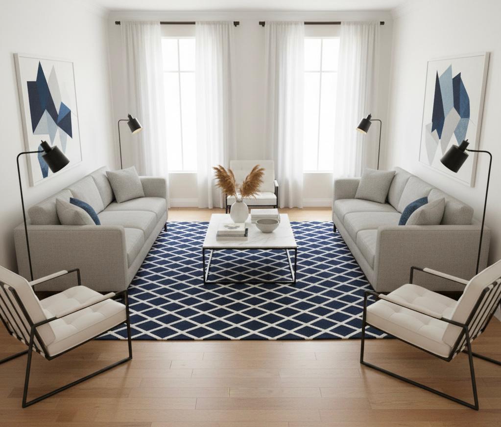 Navy Blue Geometric Trellis Handtufted Rugs