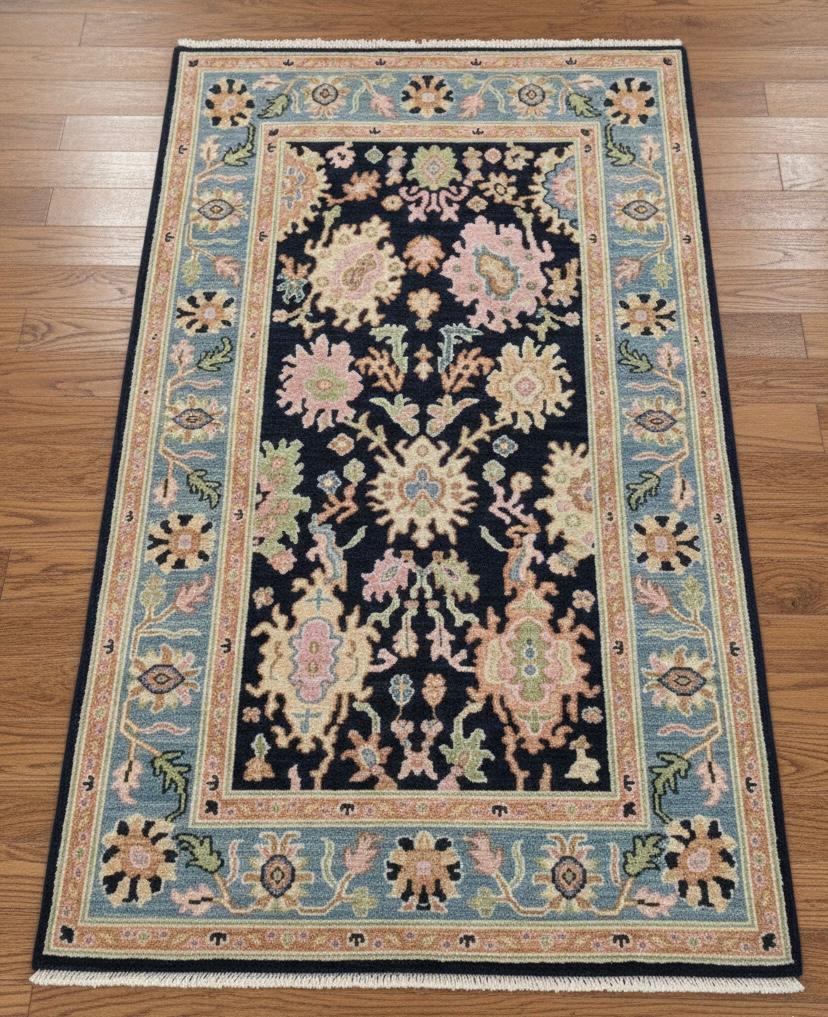 Navy and Pastel Floral Handknotted Rugs