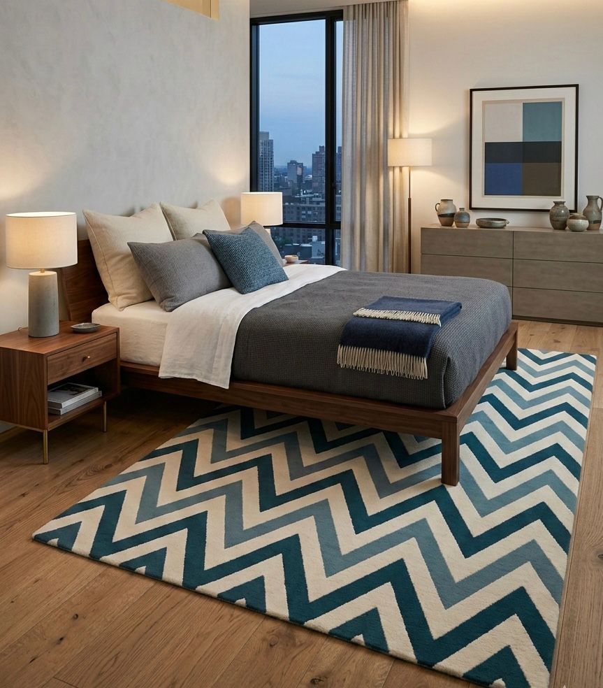 Blue and Cream Chevron Handtufted Rugs