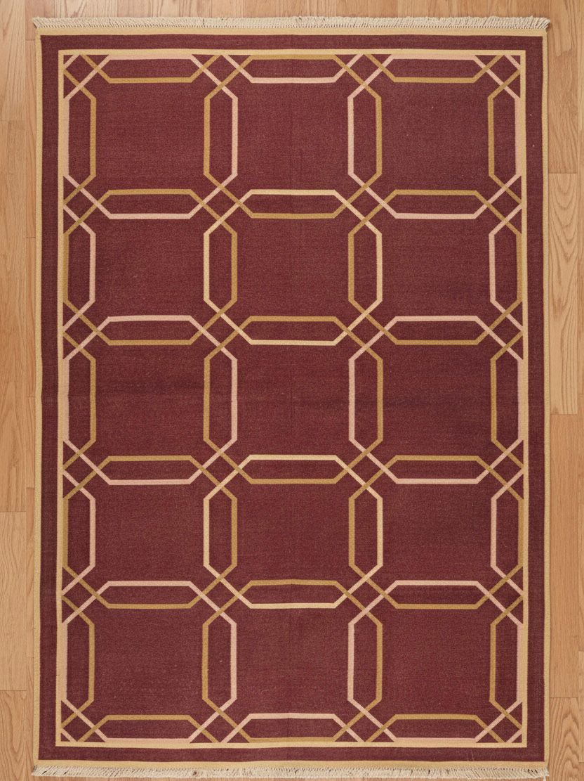 Burgundy Geometric Trellis Dhurrie Rugs