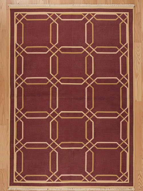 Burgundy Geometric Trellis Dhurrie Rugs