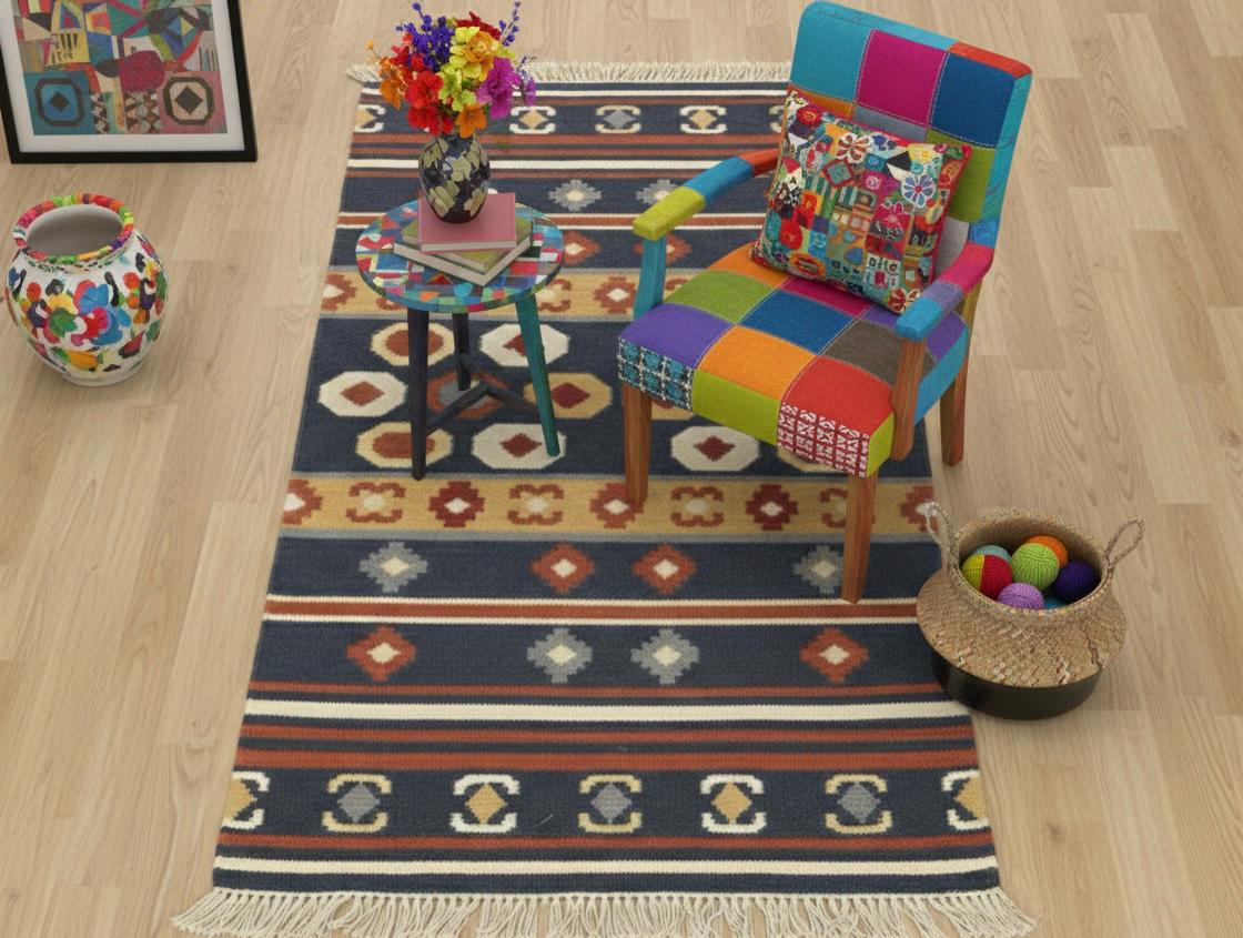 Navy Blue Geometric Tribal Kilim Rugs