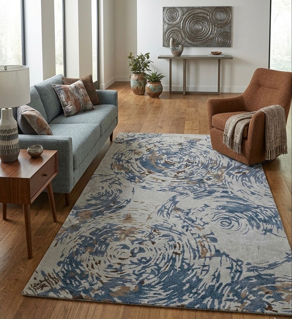 Driftwood & Denim Swirl Motif Handtufted Rugs