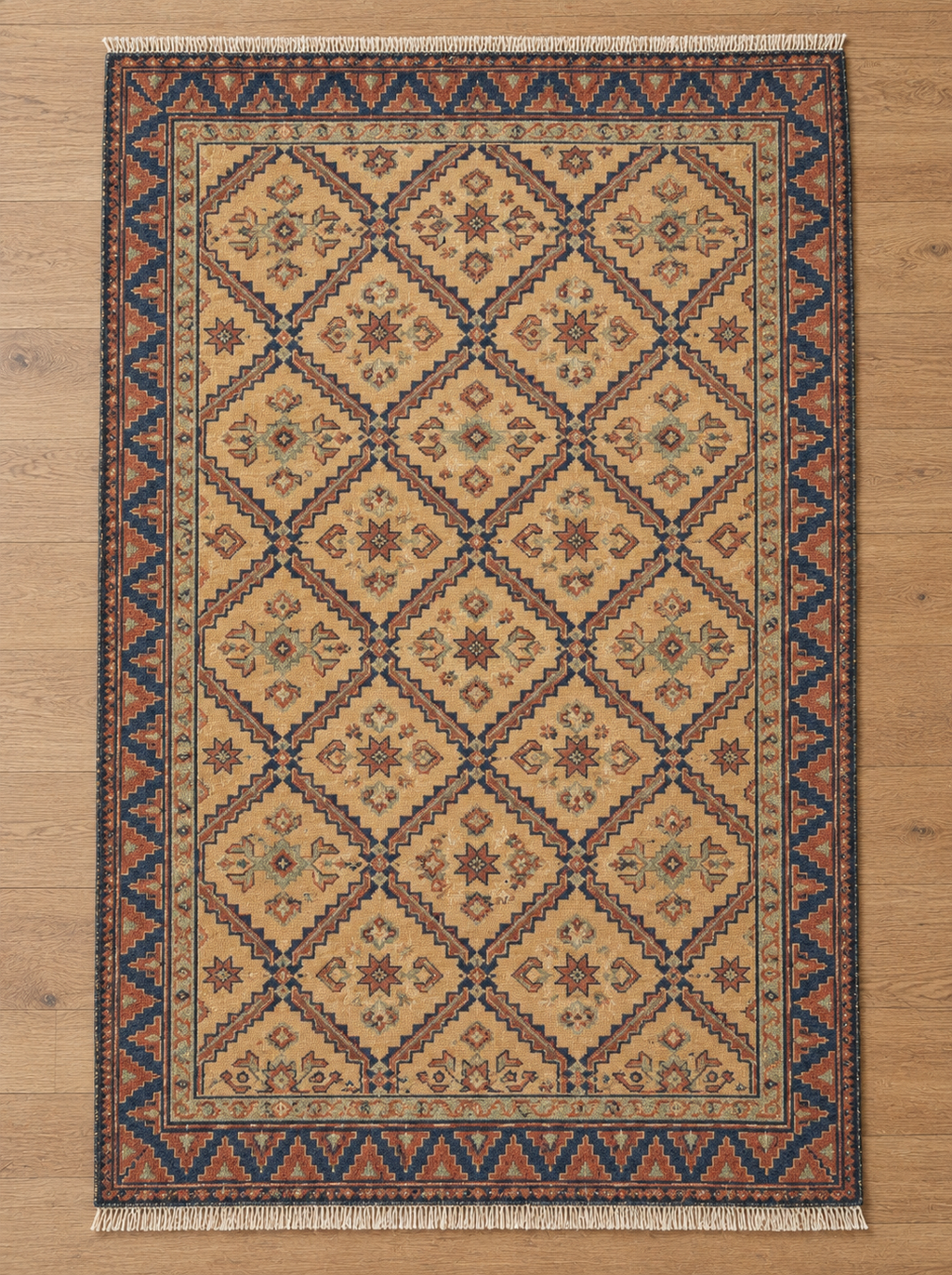 Hand-Knotted Wool Area Rug – Ochre Gold & Indigo Blue Geometric Diamond Lattice Rug