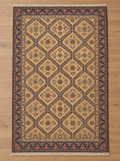 Hand-Knotted Wool Area Rug – Ochre Gold & Indigo Blue Geometric Diamond Lattice Rug