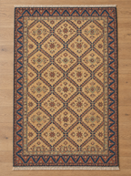 Hand-Knotted Wool Area Rug – Ochre Gold & Indigo Blue Geometric Diamond Lattice Rug