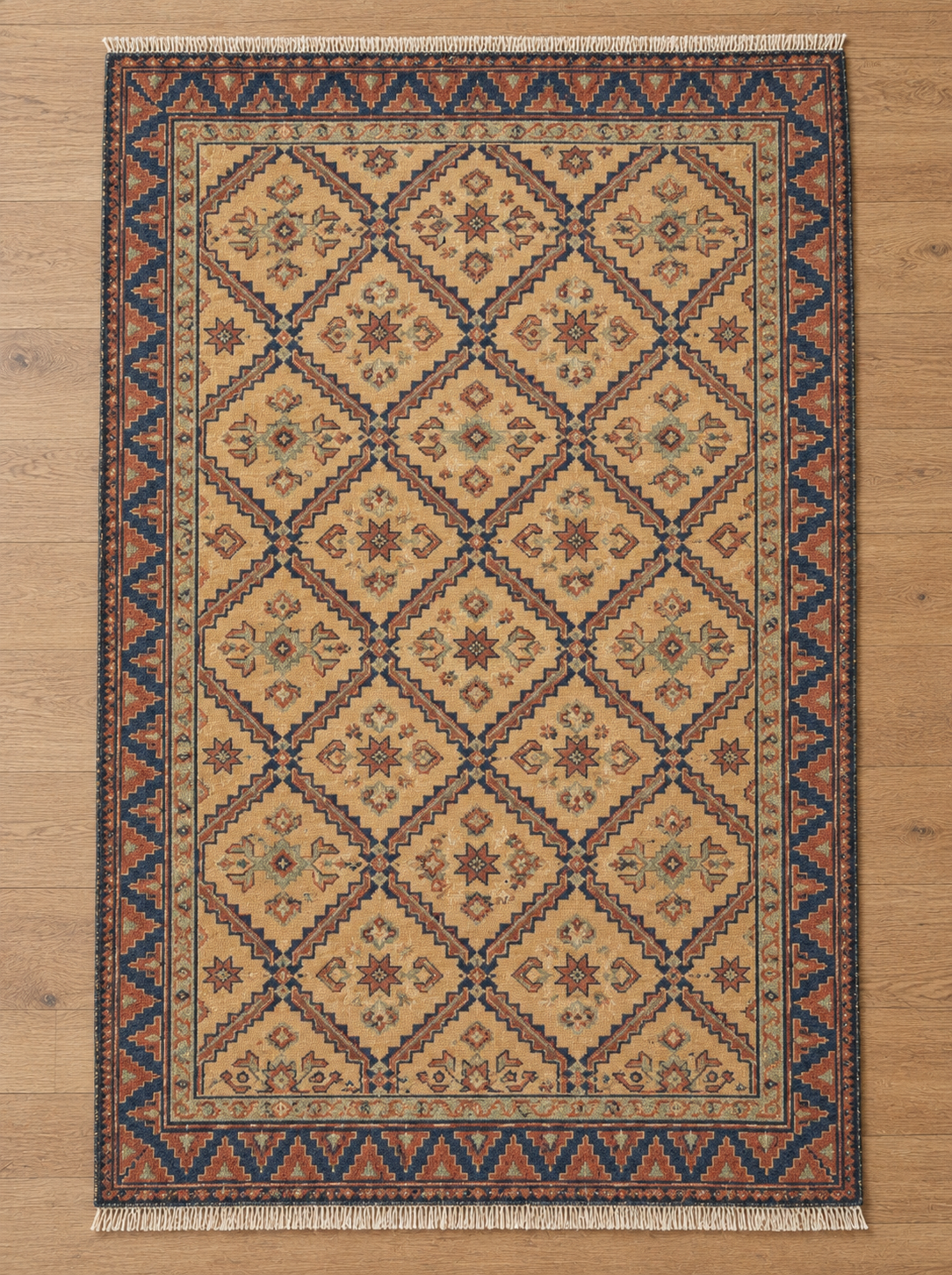 Hand-Knotted Wool Area Rug – Ochre Gold & Indigo Blue Geometric Diamond Lattice Rug