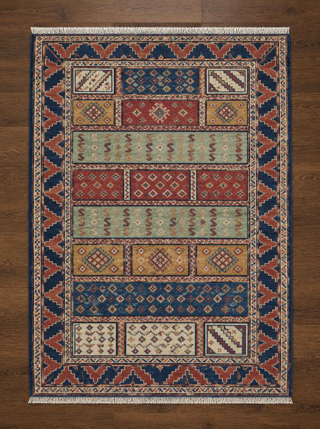 Hand-Knotted Wool Area Rug – Multicolor Tribal Panel Rug with Rust, Sage Green & Navy