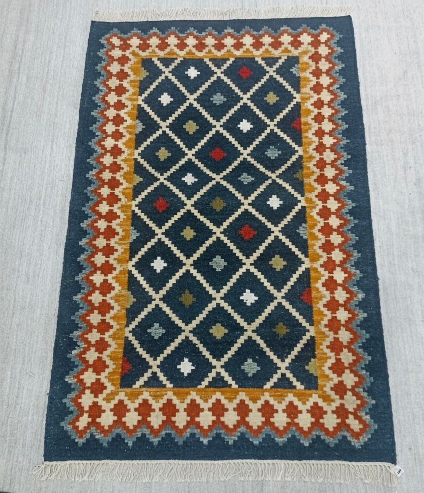 Boho Teal Geometric Lattice Dhurrie