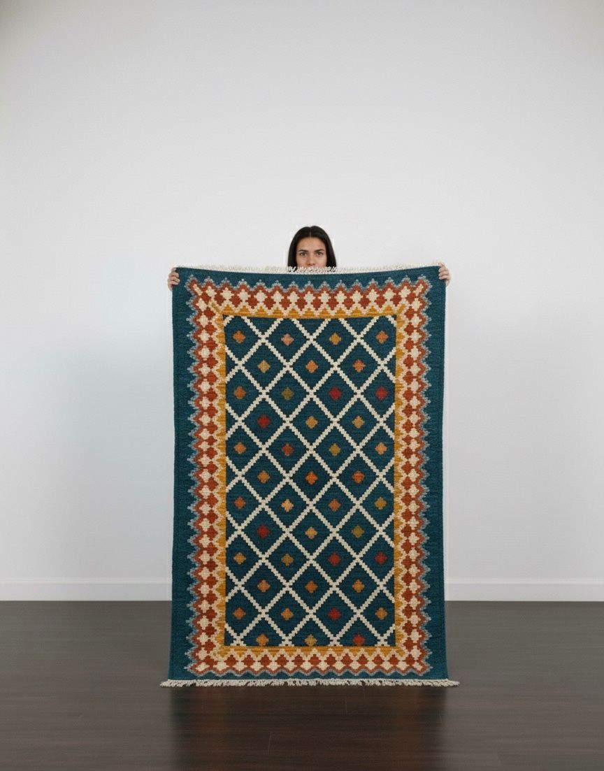 Boho Teal Geometric Lattice Dhurrie