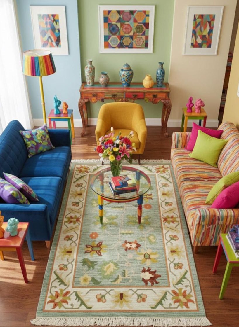Teal Oushak Garden Dhurrie