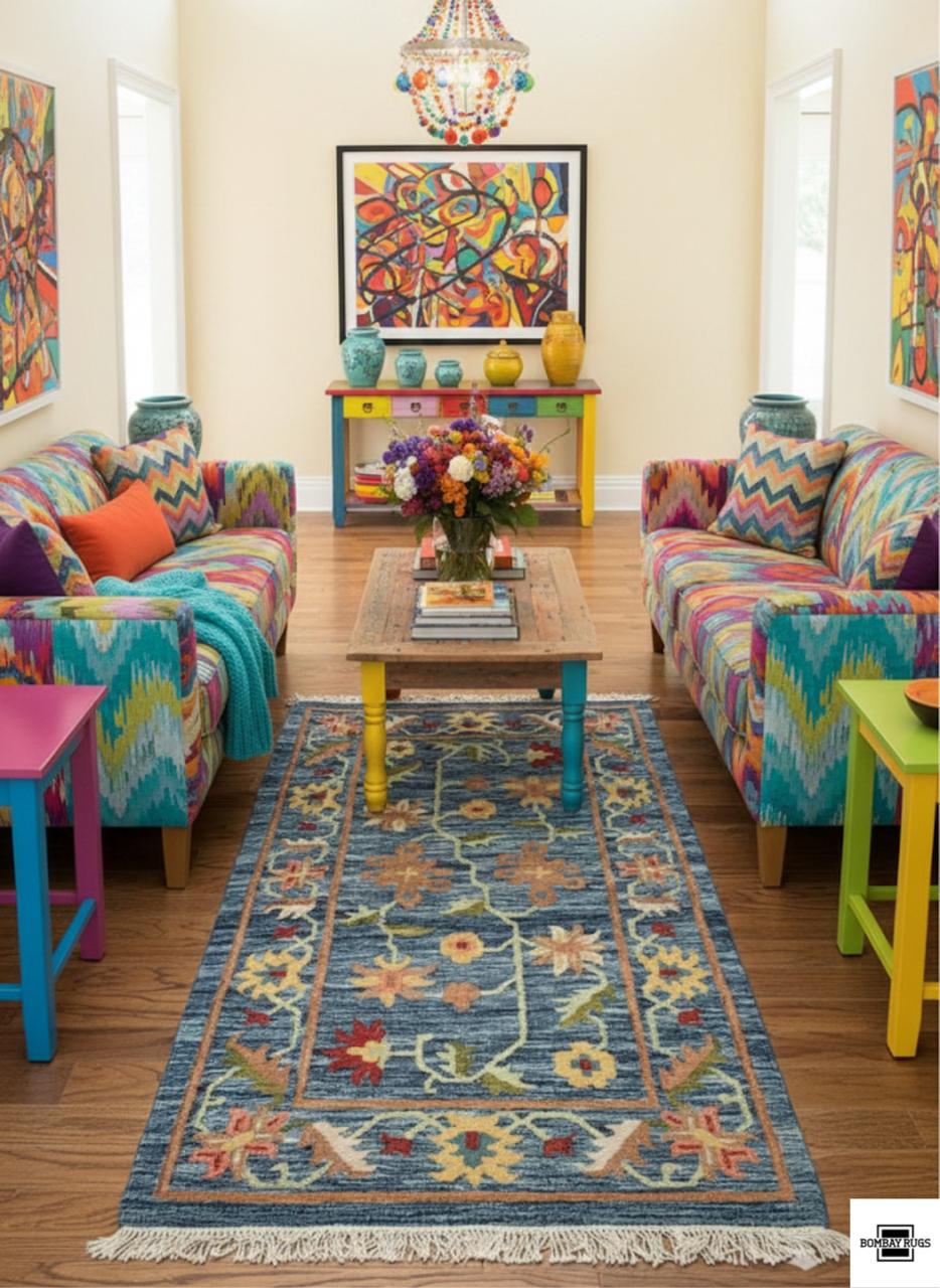 Handwoven Blue Blossom Kilim Dhurrie