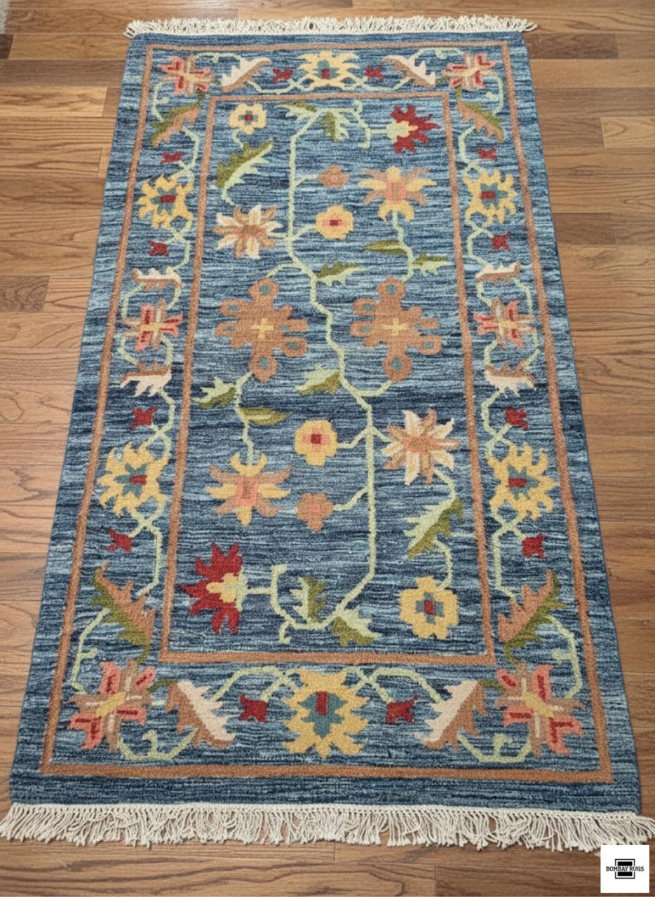 Handwoven Blue Blossom Kilim Dhurrie