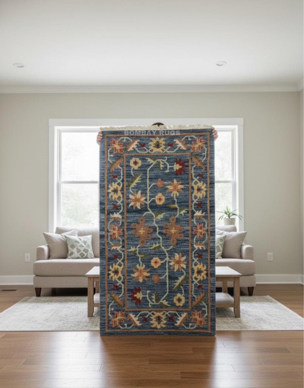 Handwoven Blue Blossom Kilim Dhurrie