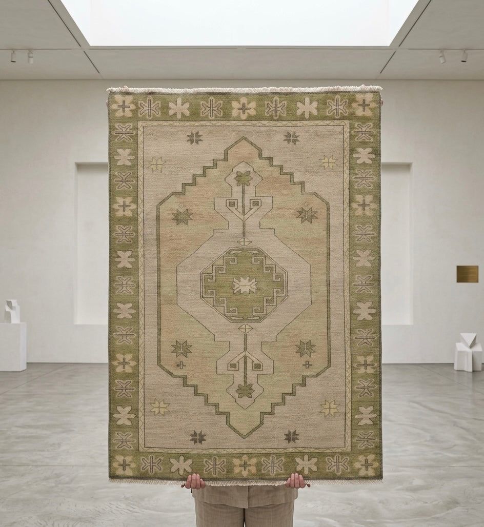 Sage & Cream Geometric Medallion Area Rug