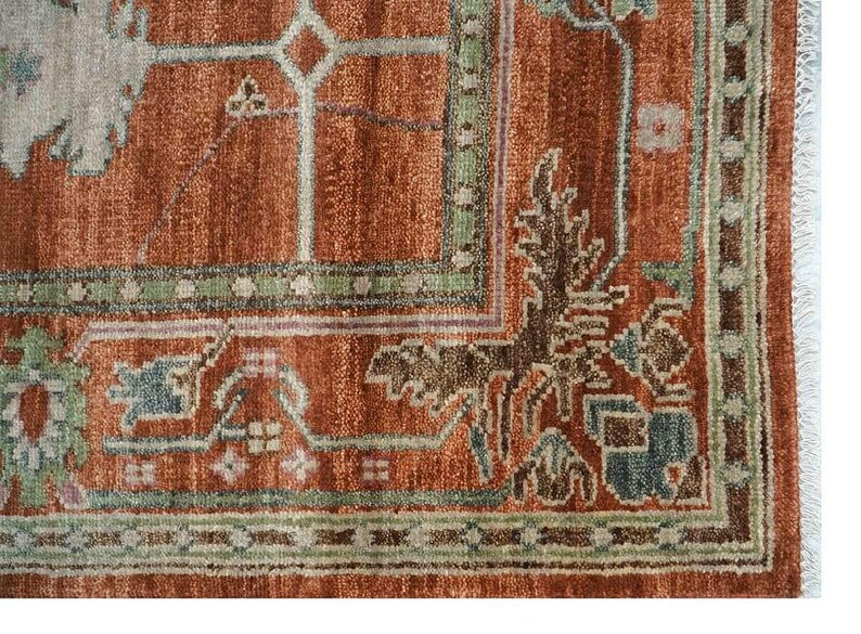 Antique Rust Hand-Knotted Oushak Rug with Sage and Muted Gray Accents