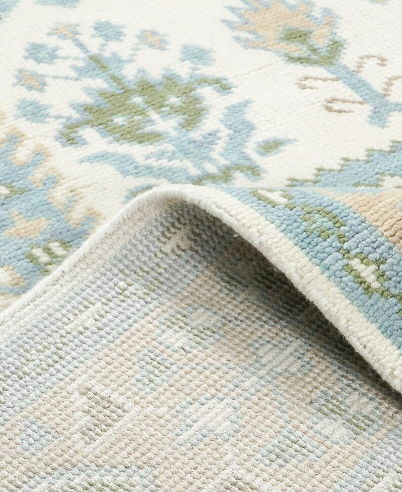 Elegant Symmetry Motif Hand-Knotted Rug – Ivory, Olive, and Sky Blue