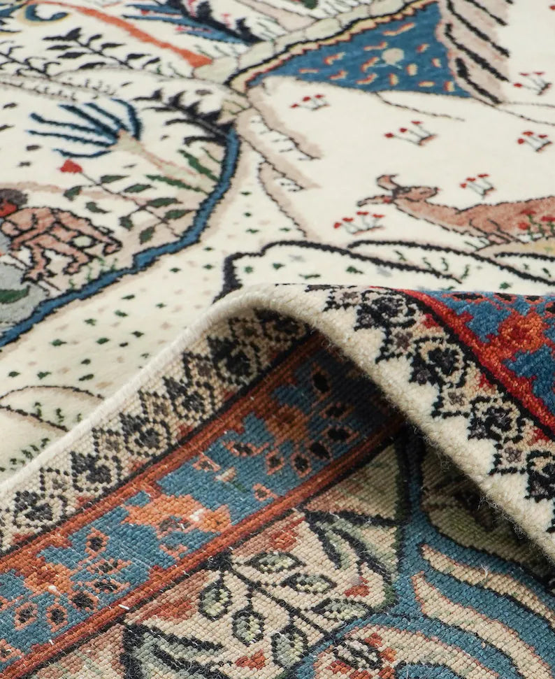 Ivory & Indigo Pictorial Persian Hunting Handknotted Rug