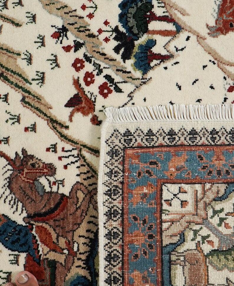 Ivory & Indigo Pictorial Persian Hunting Handknotted Rug