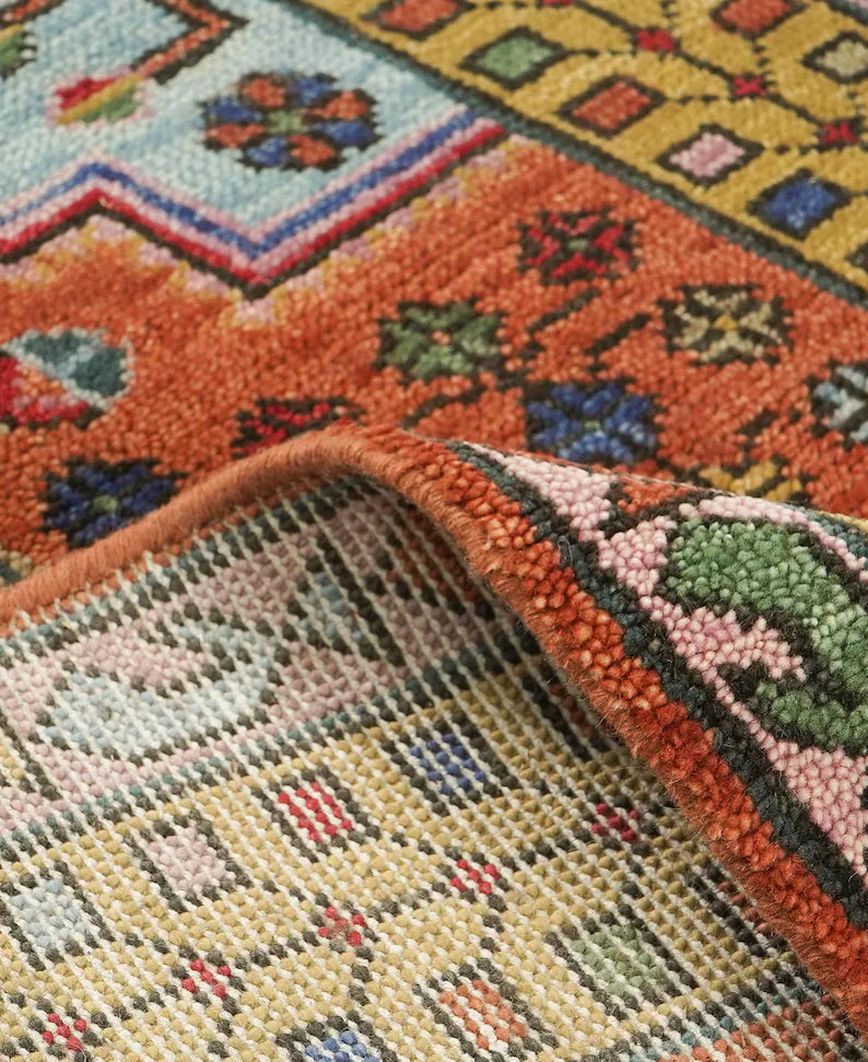 Hand-Knotted Geometric Tribal Gabbeh Rug in Rust and Ochre