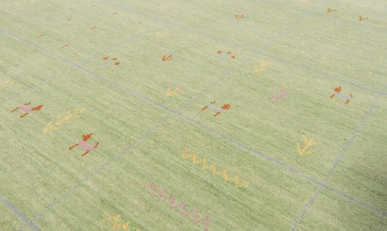 Sage Green Hand-Knotted Gabbeh Rug with Minimalist Tribal Motifs
