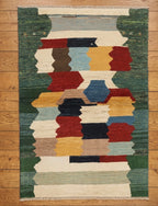 Multicolor Geometric Abstract Gabbeh Rug - Forest Green, Rust Red & Goldenrod