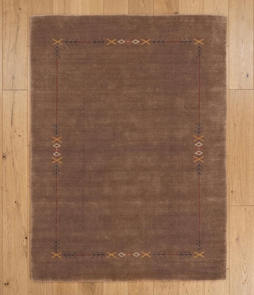 Modern Hand-Knotted Gabbeh Rug with Minimalist Geometric Border