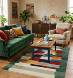 Multicolor Geometric Abstract Gabbeh Rug - Forest Green, Rust Red & Goldenrod