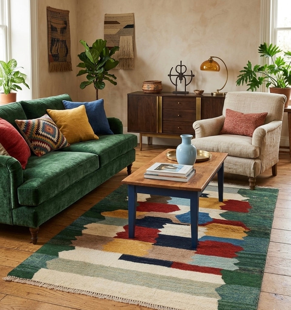 Multicolor Geometric Abstract Gabbeh Rug - Forest Green, Rust Red & Goldenrod