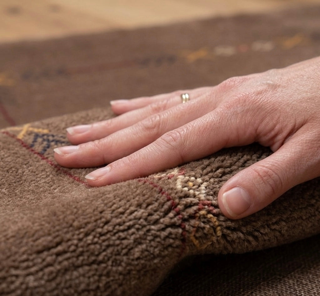 Modern Hand-Knotted Gabbeh Rug with Minimalist Geometric Border