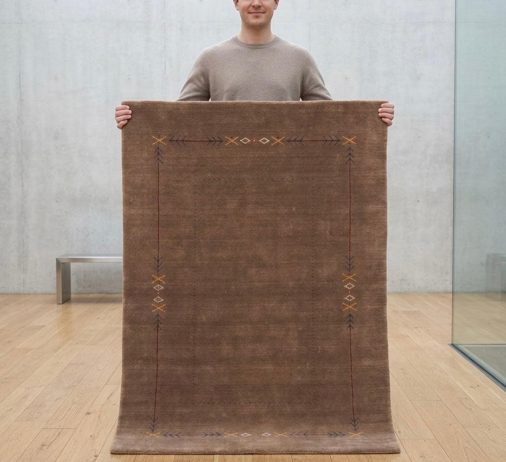 Modern Hand-Knotted Gabbeh Rug with Minimalist Geometric Border