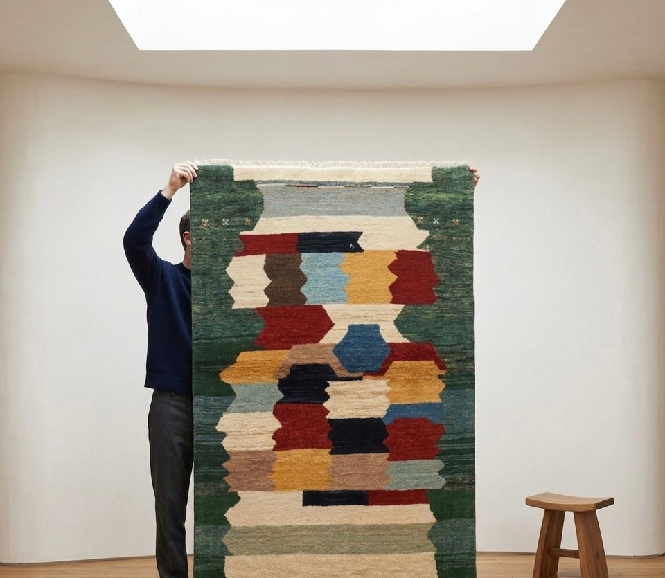 Multicolor Geometric Abstract Gabbeh Rug - Forest Green, Rust Red & Goldenrod