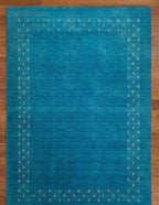 Hand-Knotted Gabbeh Style Teal Blue Rug with Geometric Diamond Border