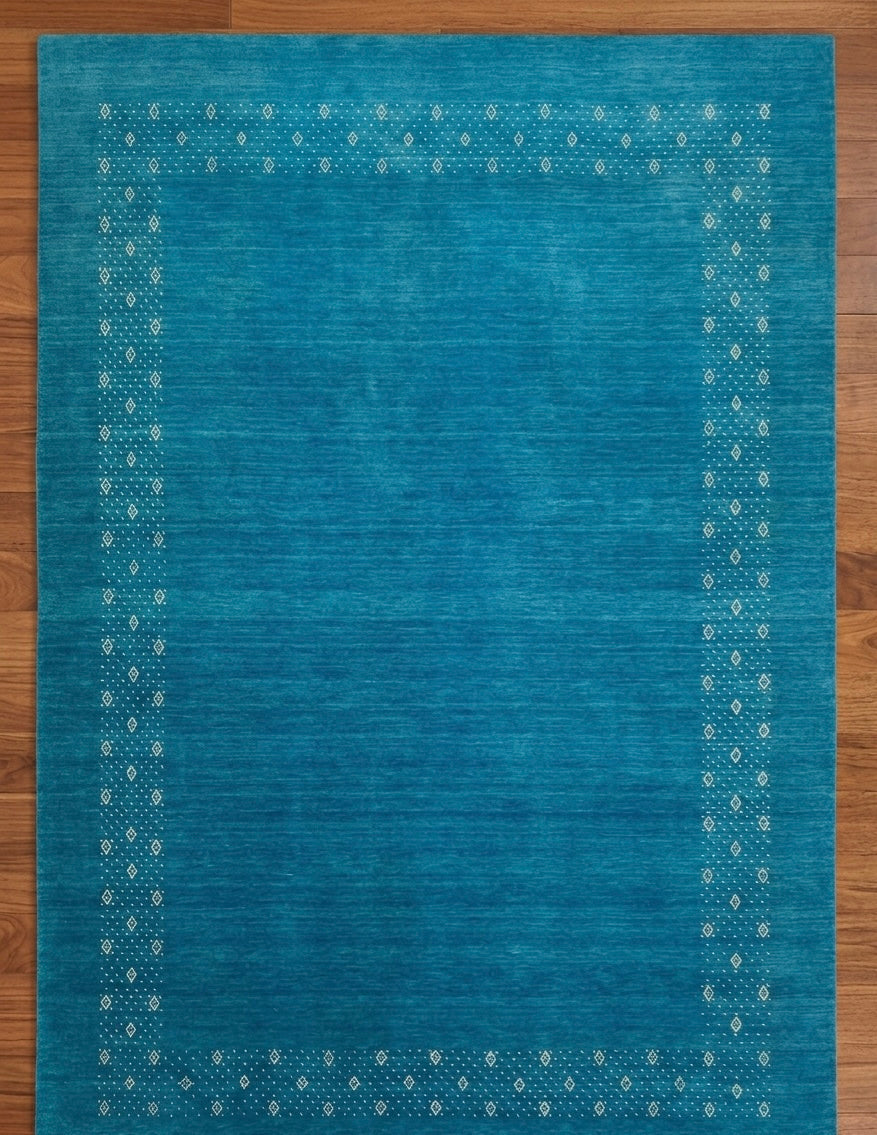 Hand-Knotted Gabbeh Style Teal Blue Rug with Geometric Diamond Border