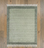 Modern Hand-Knotted Solid Border Rug with Tassels - Sage & Olive Green