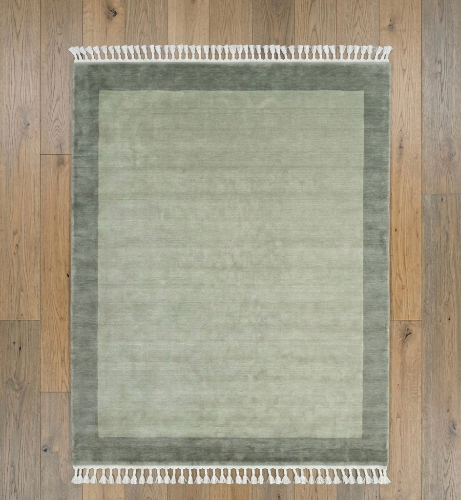Modern Hand-Knotted Solid Border Rug with Tassels - Sage & Olive Green