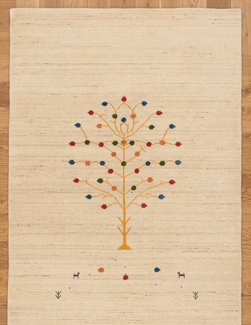 Hand-Knotted Gabbeh Tree of Life Rug in Cream and Multi-Color