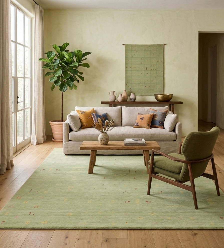 Sage Green Hand-Knotted Gabbeh Rug with Minimalist Tribal Motifs