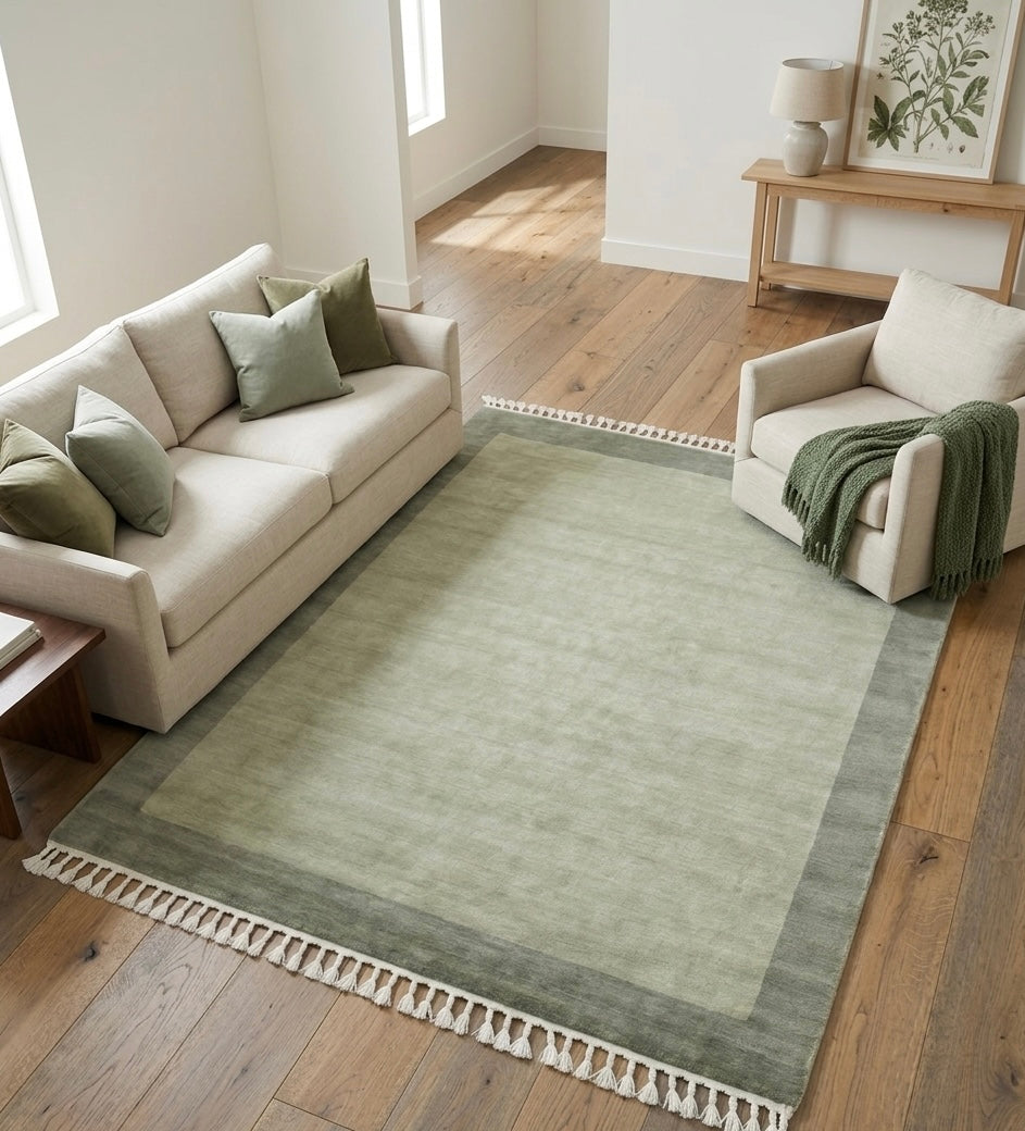 Modern Hand-Knotted Solid Border Rug with Tassels - Sage & Olive Green