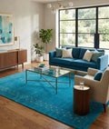 Hand-Knotted Gabbeh Style Teal Blue Rug with Geometric Diamond Border
