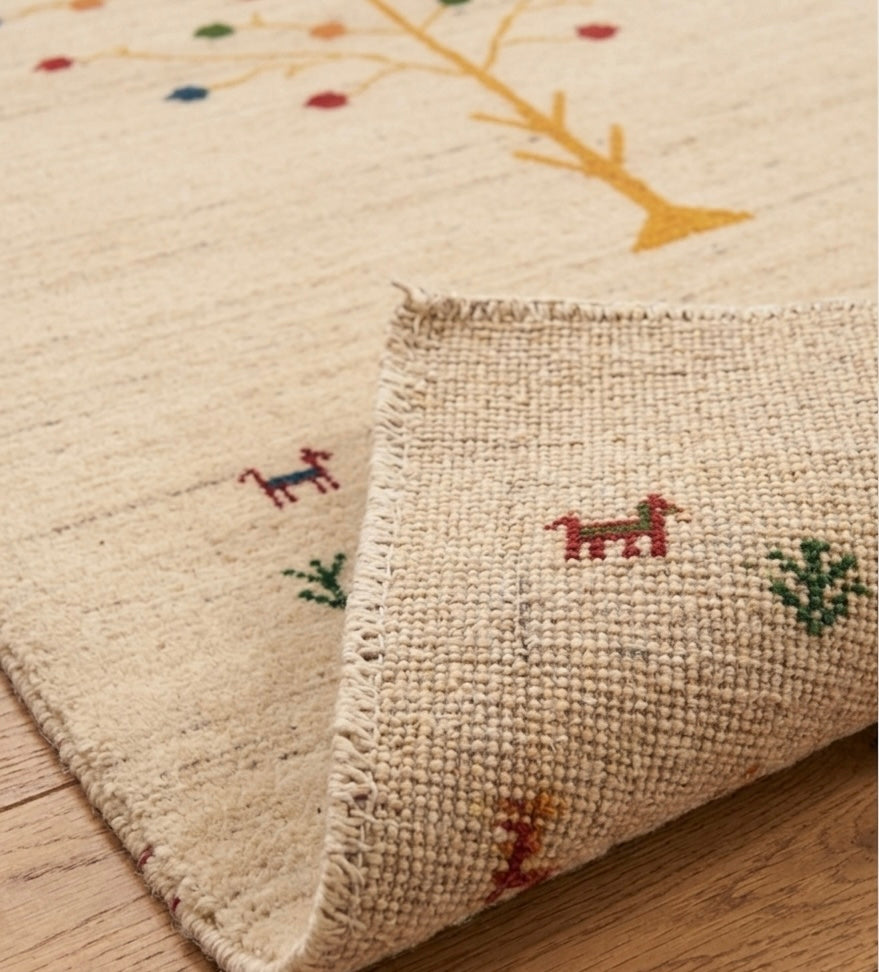 Hand-Knotted Gabbeh Tree of Life Rug in Cream and Multi-Color