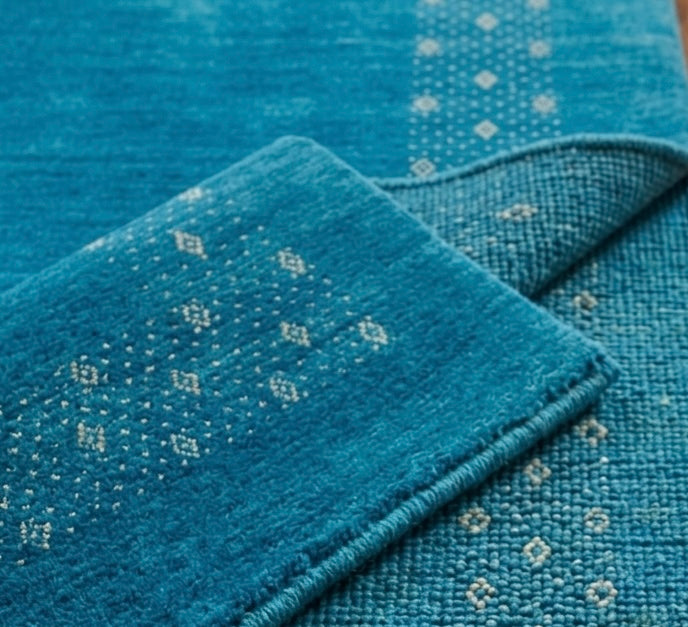 Hand-Knotted Gabbeh Style Teal Blue Rug with Geometric Diamond Border