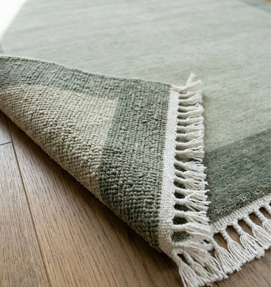 Modern Hand-Knotted Solid Border Rug with Tassels - Sage & Olive Green