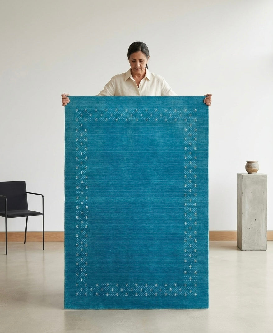 Hand-Knotted Gabbeh Style Teal Blue Rug with Geometric Diamond Border