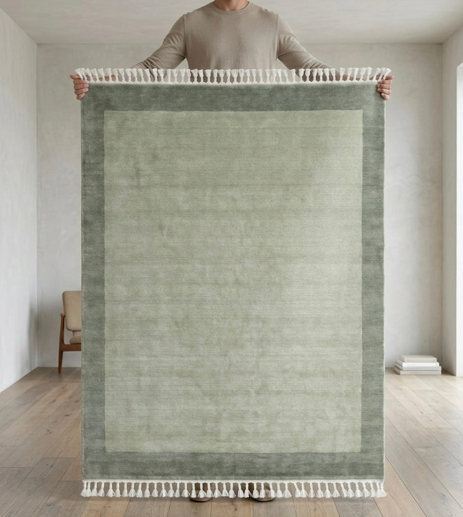Modern Hand-Knotted Solid Border Rug with Tassels - Sage & Olive Green