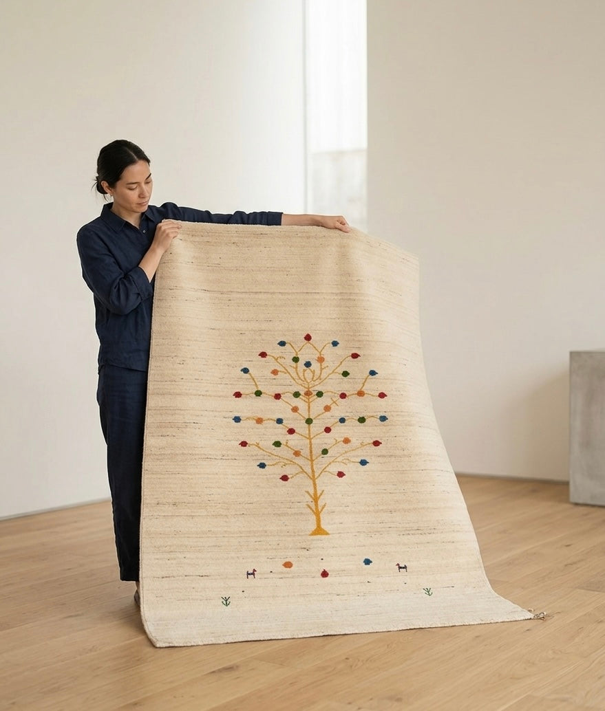 Hand-Knotted Gabbeh Tree of Life Rug in Cream and Multi-Color