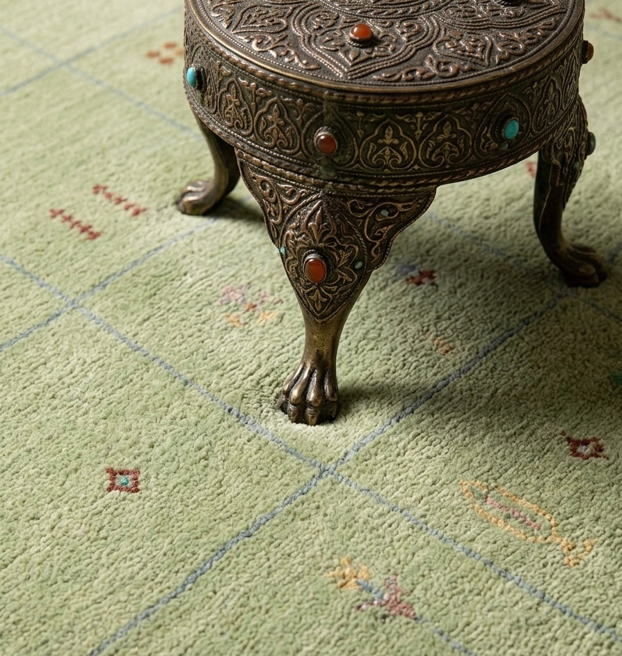 Sage Green Hand-Knotted Gabbeh Rug with Minimalist Tribal Motifs