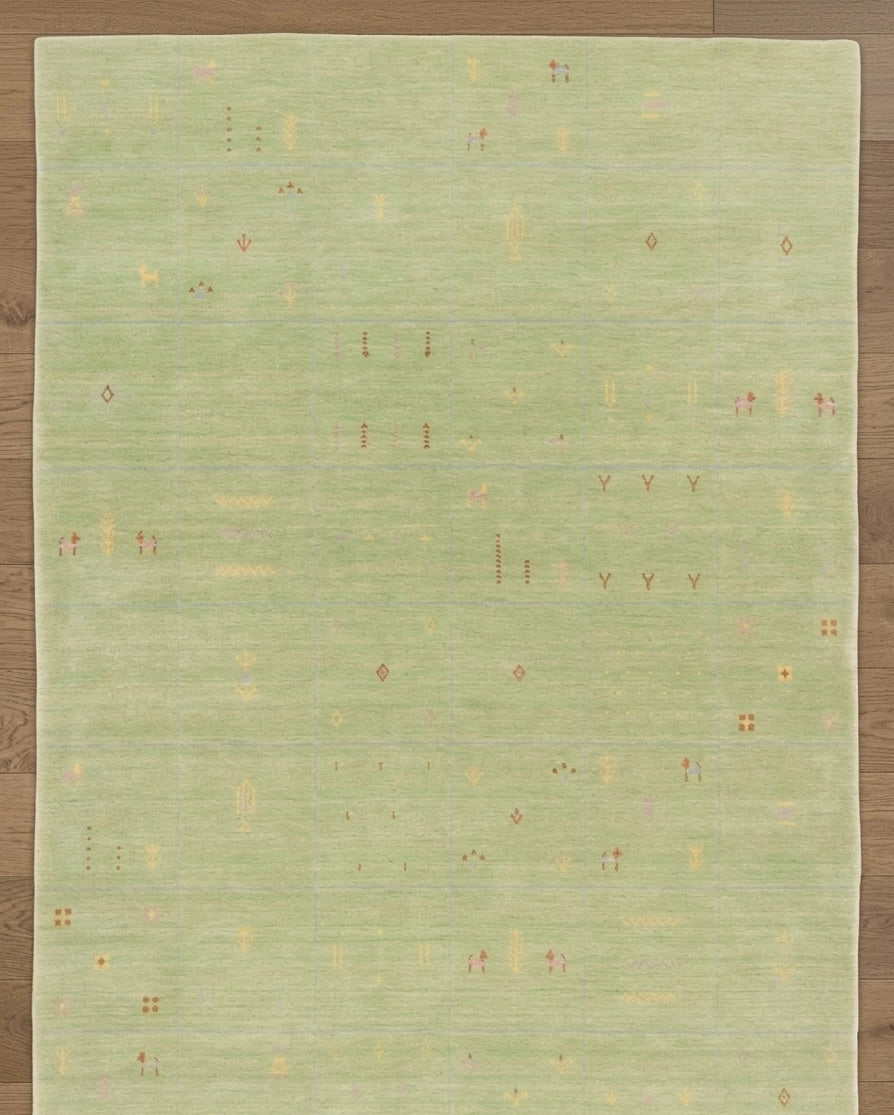 Sage Green Hand-Knotted Gabbeh Rug with Minimalist Tribal Motifs